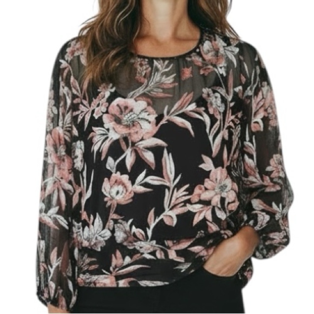 NWT WHITE HOUSE BLACK MARKET Black Floral Sheer Long Sleeve Blouse Size 8